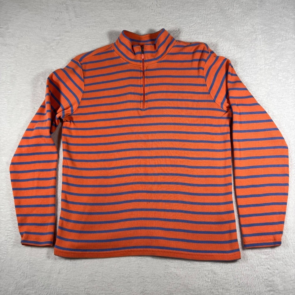 LL Bean Pullover Womens Medium M Orange Blue Striped Quarter Zip Ribbed Knit